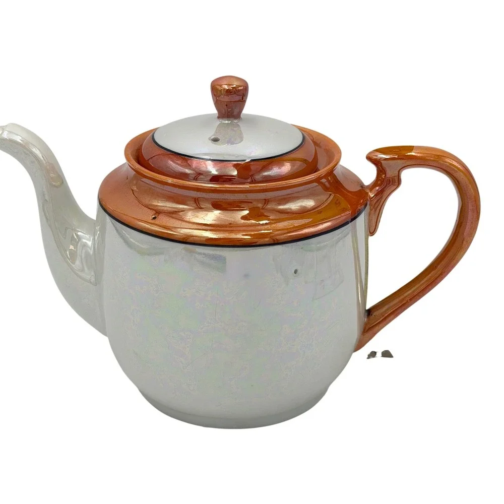 Vtg Made in Japan Iridescent Lusterware Teapot Orange‎ White Black Porcelain Lid